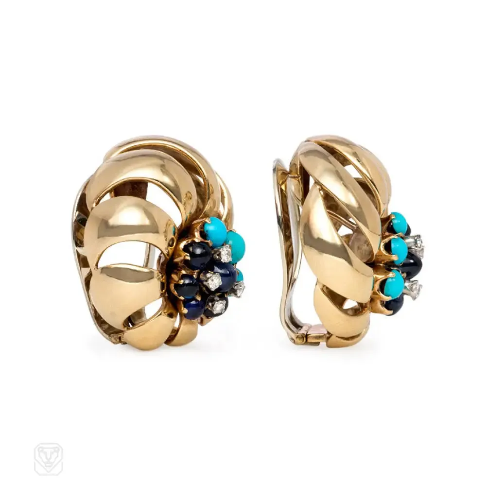 Retro gold, turquoise, sapphire, and diamond earrings