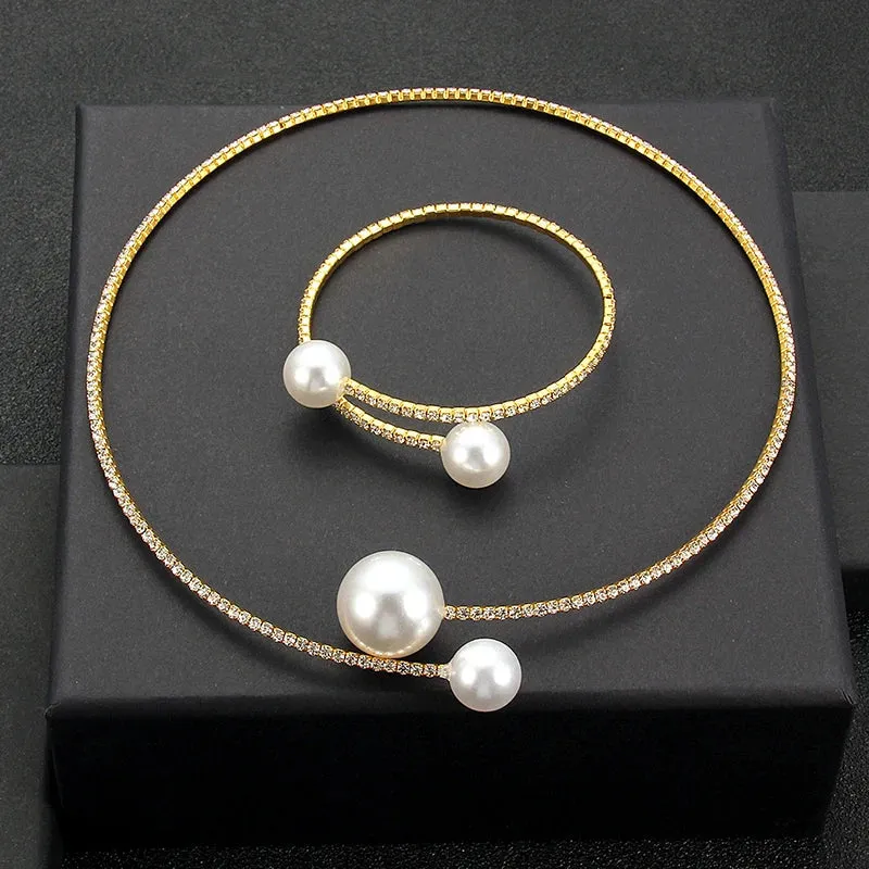 Rhinestone Choker Necklaces Torques Collar Women Statement Jewelry Girl Imitation Pearls Necklace