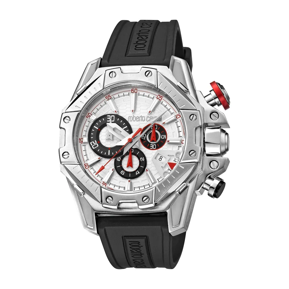 Roberto Cavalli Men's Chronograph Watch Black Silicon Strap With White Dial