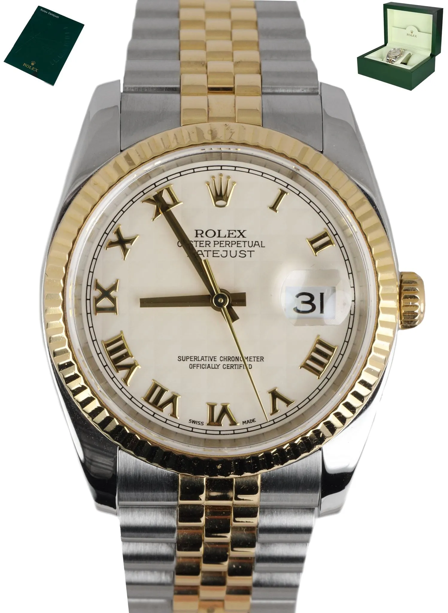 Rolex DateJust 36mm Ivory Pyramid Roman 116233 Two-Tone 18K Gold Stainless Watch