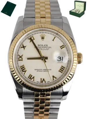 Rolex DateJust 36mm Ivory Pyramid Roman 116233 Two-Tone 18K Gold Stainless Watch