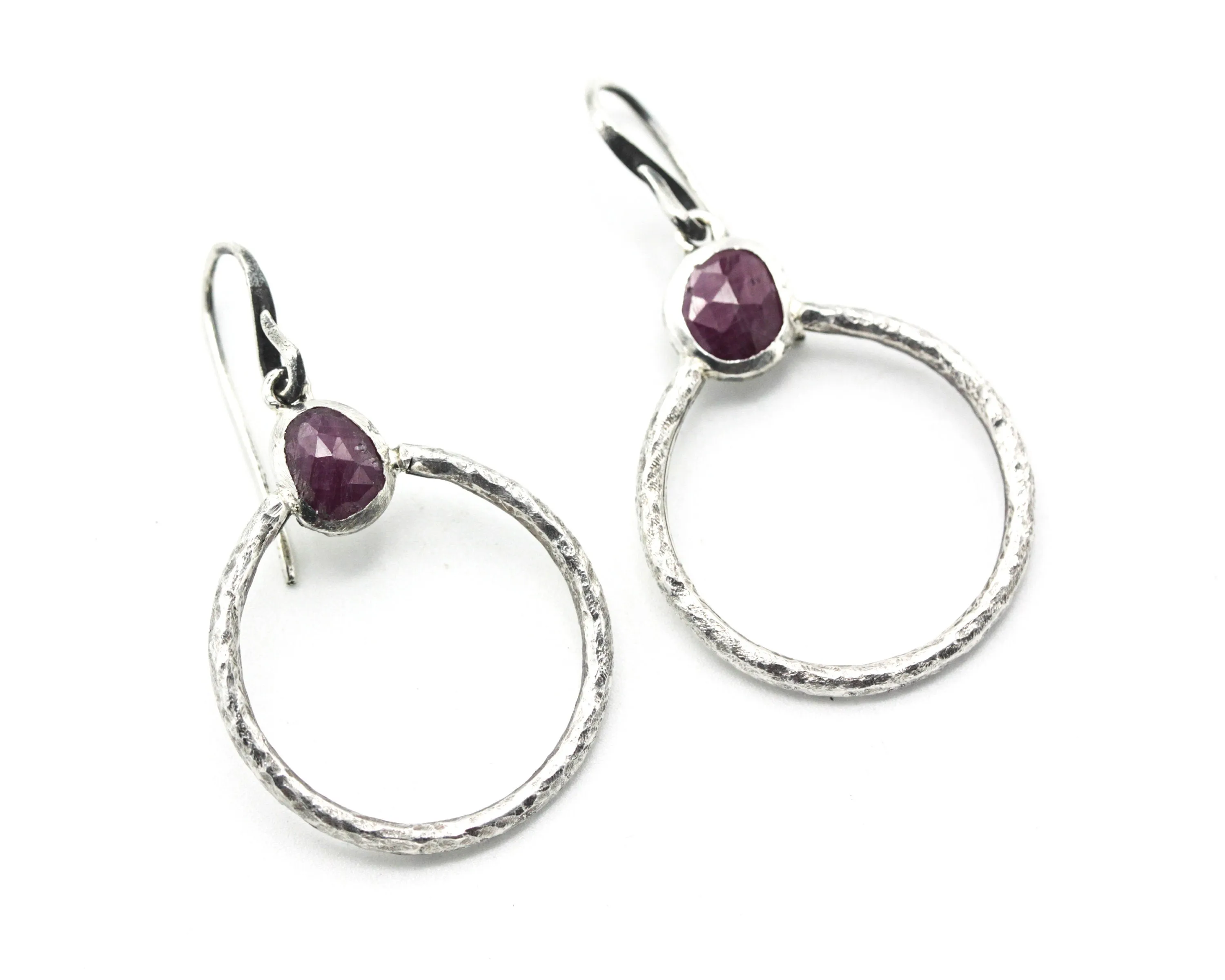 Rose cut Ruby earrings in silver bezel setting with silver hammered texture circle loop on hooks style(M)