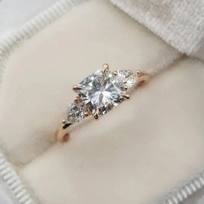 Rose Gold 2.0ct Cushion Cut Three Stone Diamond Engagement Ring