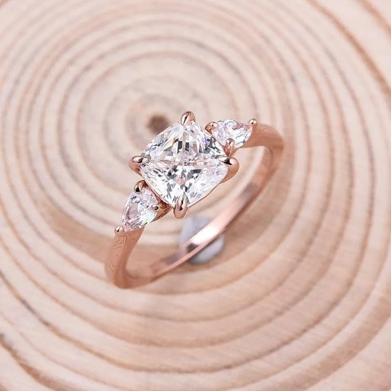 Rose Gold 2.0ct Cushion Cut Three Stone Diamond Engagement Ring
