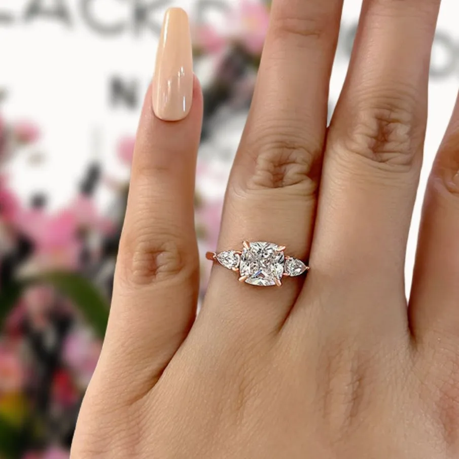 Rose Gold 2.0ct Cushion Cut Three Stone Diamond Engagement Ring