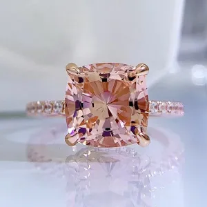 Rose Gold Cushion Cut Morganite Peachy Pink Stone Engagement Ring