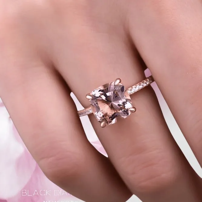 Rose Gold Cushion Cut Morganite Peachy Pink Stone Engagement Ring