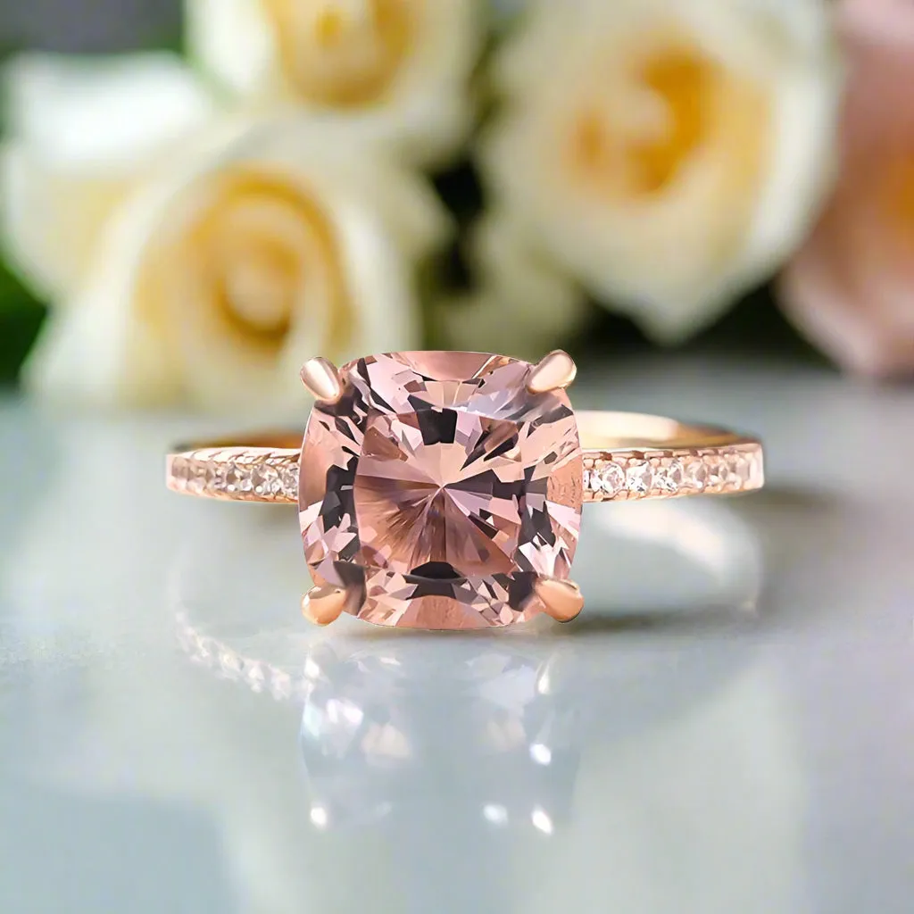Rose Gold Cushion Cut Morganite Peachy Pink Stone Engagement Ring