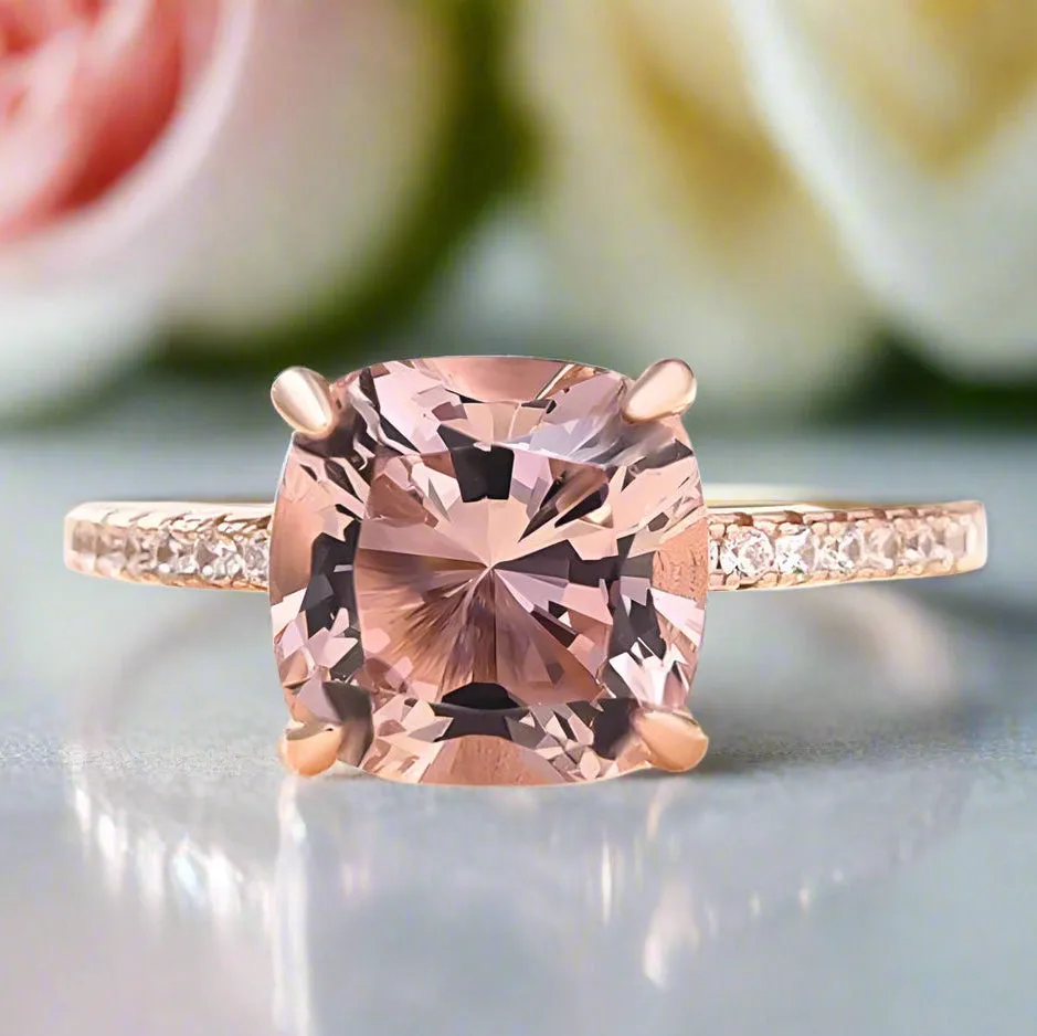 Rose Gold Cushion Cut Morganite Peachy Pink Stone Engagement Ring
