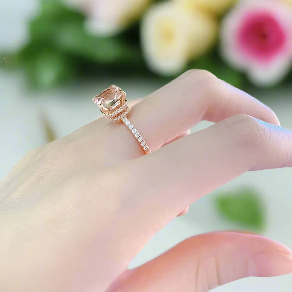 Rose Gold Cushion Cut Morganite Peachy Pink Stone Engagement Ring