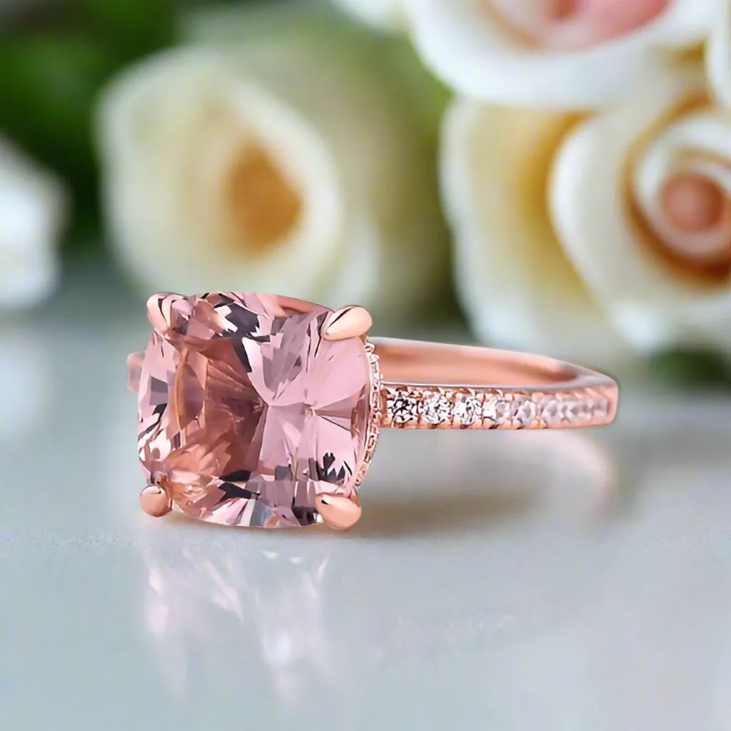 Rose Gold Cushion Cut Morganite Peachy Pink Stone Engagement Ring