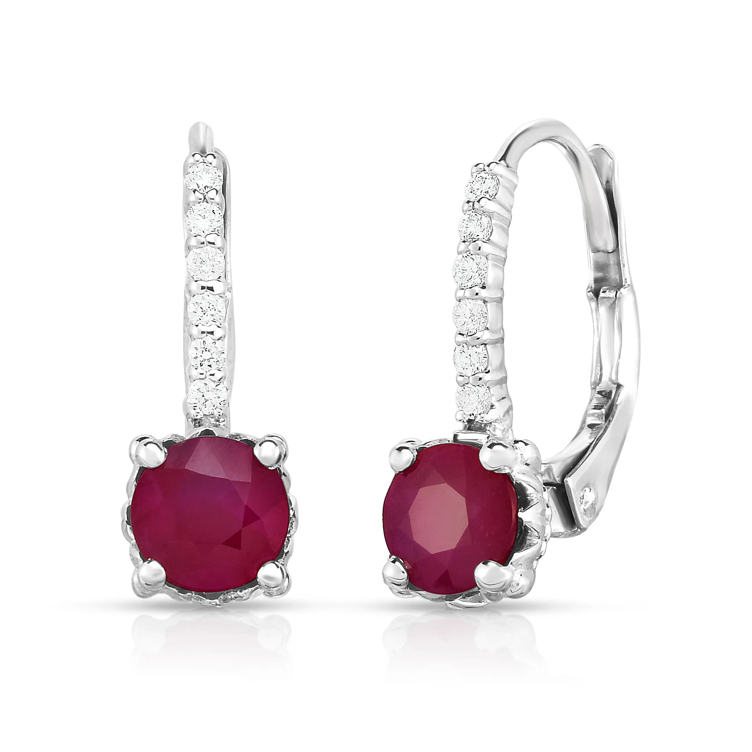 Ruby & 0.08Ct Diamond Leverback Earrings in 14K White Gold