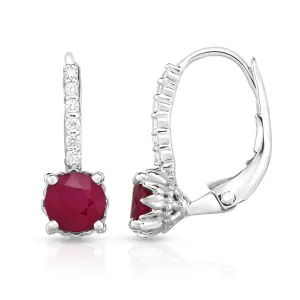 Ruby & 0.08Ct Diamond Leverback Earrings in 14K White Gold