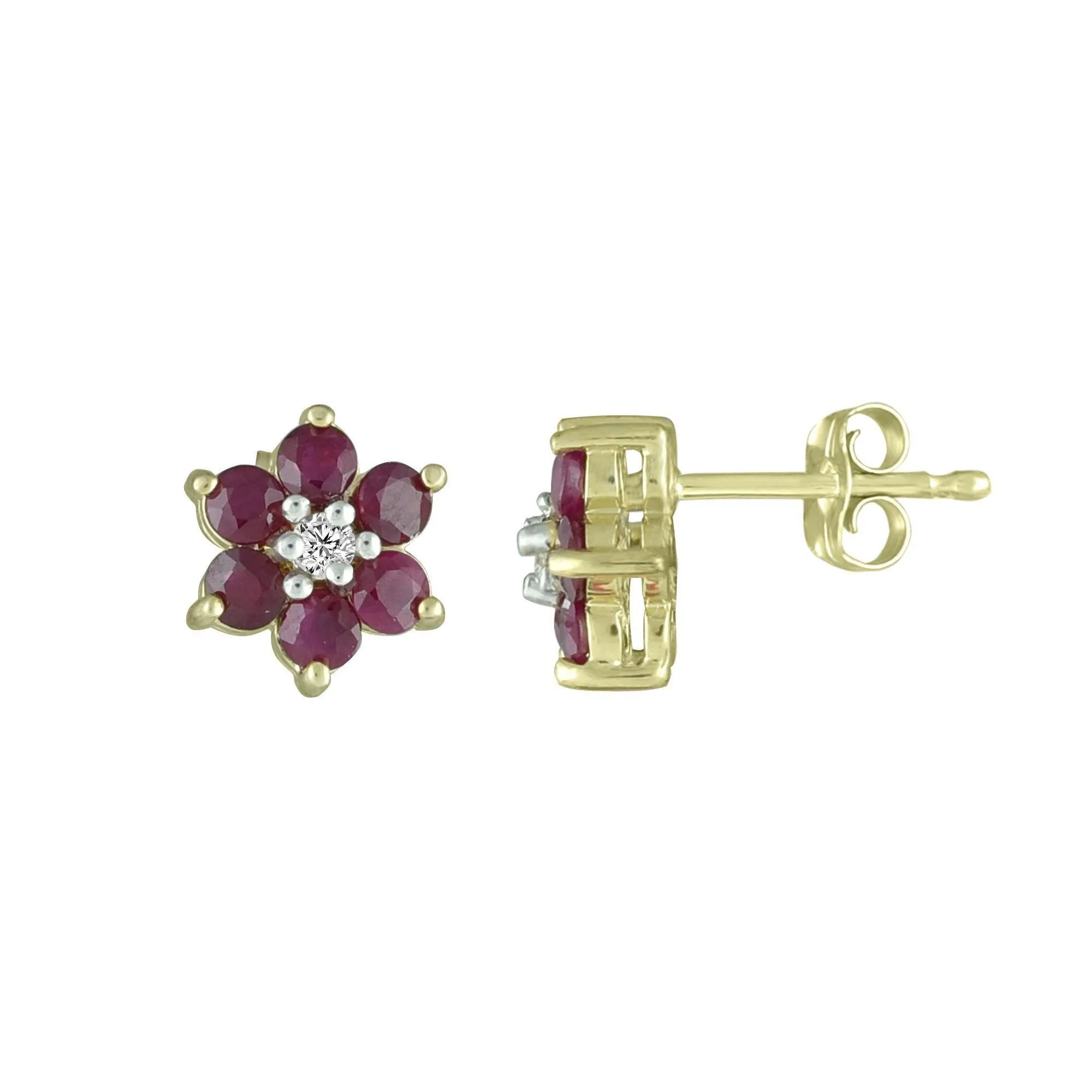 Ruby and Diamond Accent Flower Earrings in 10K Yelllow Gold