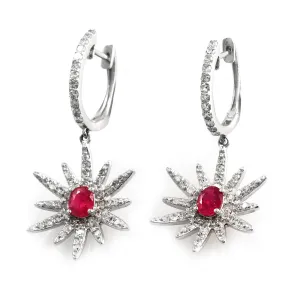 Ruby and Diamond Flower Cluster Dangling Earrings 14k White Gold