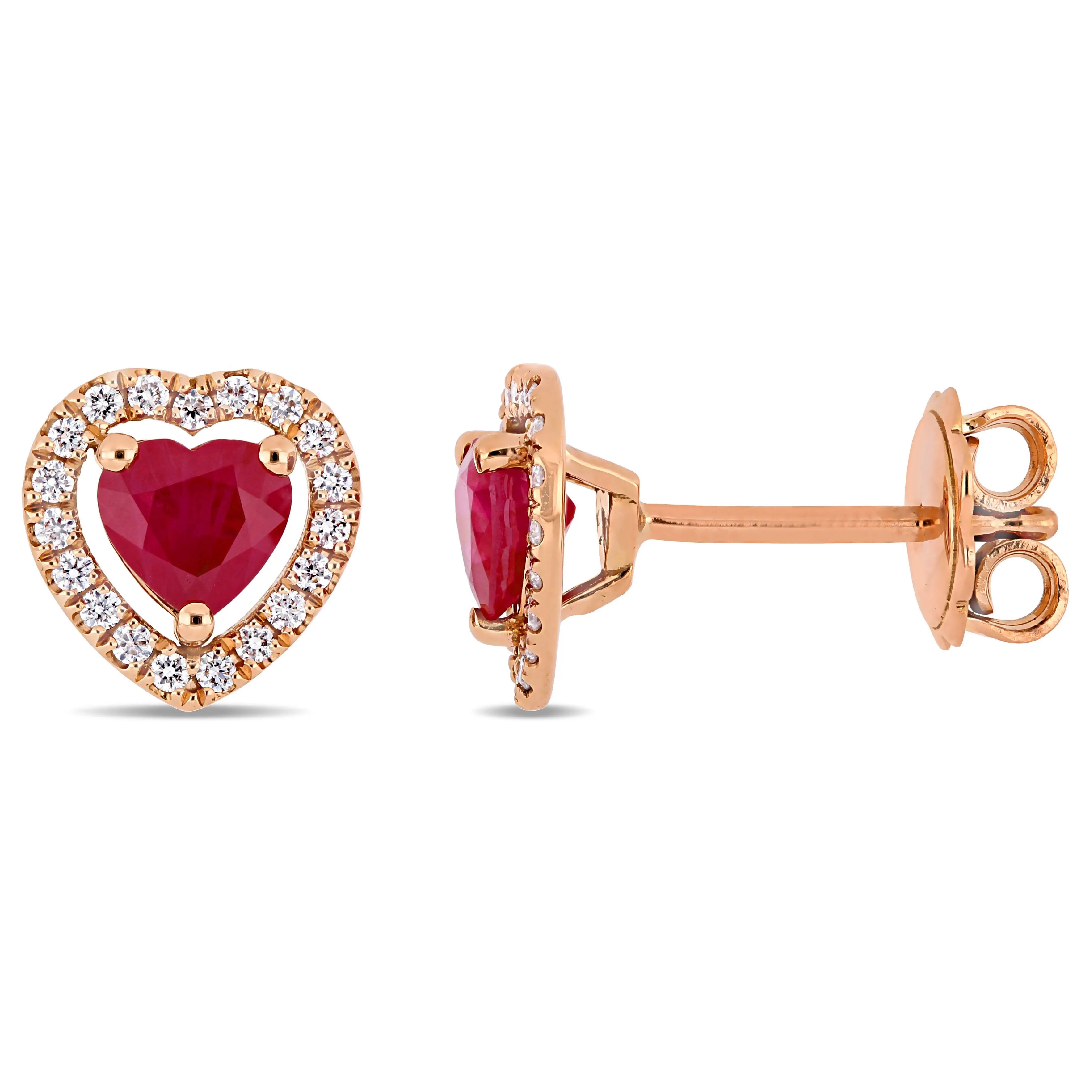 Ruby and Diamond Heart Halo Stud Earrings
