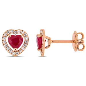 Ruby and Diamond Heart Halo Stud Earrings