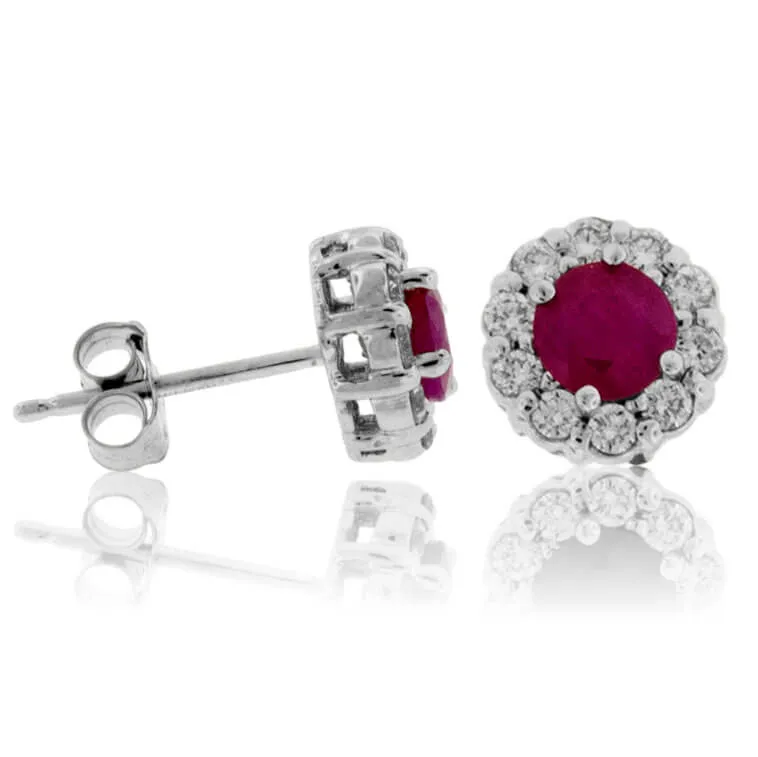Ruby Center Diamond Halo Stud Post Earrings