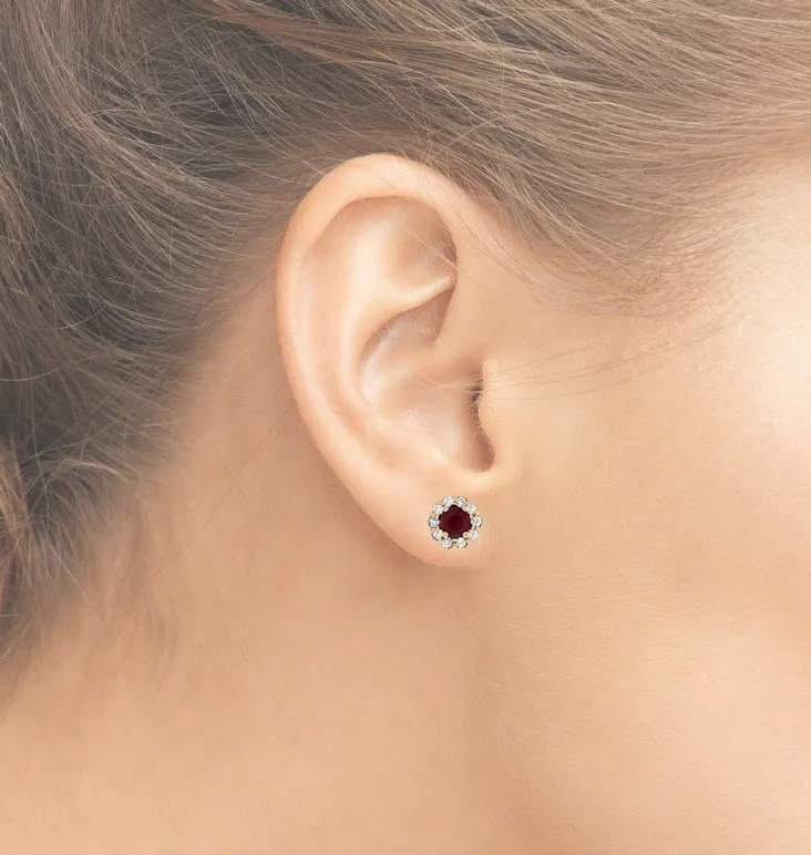 Ruby Center Diamond Halo Stud Post Earrings