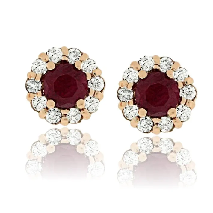 Ruby Center Diamond Halo Stud Post Earrings