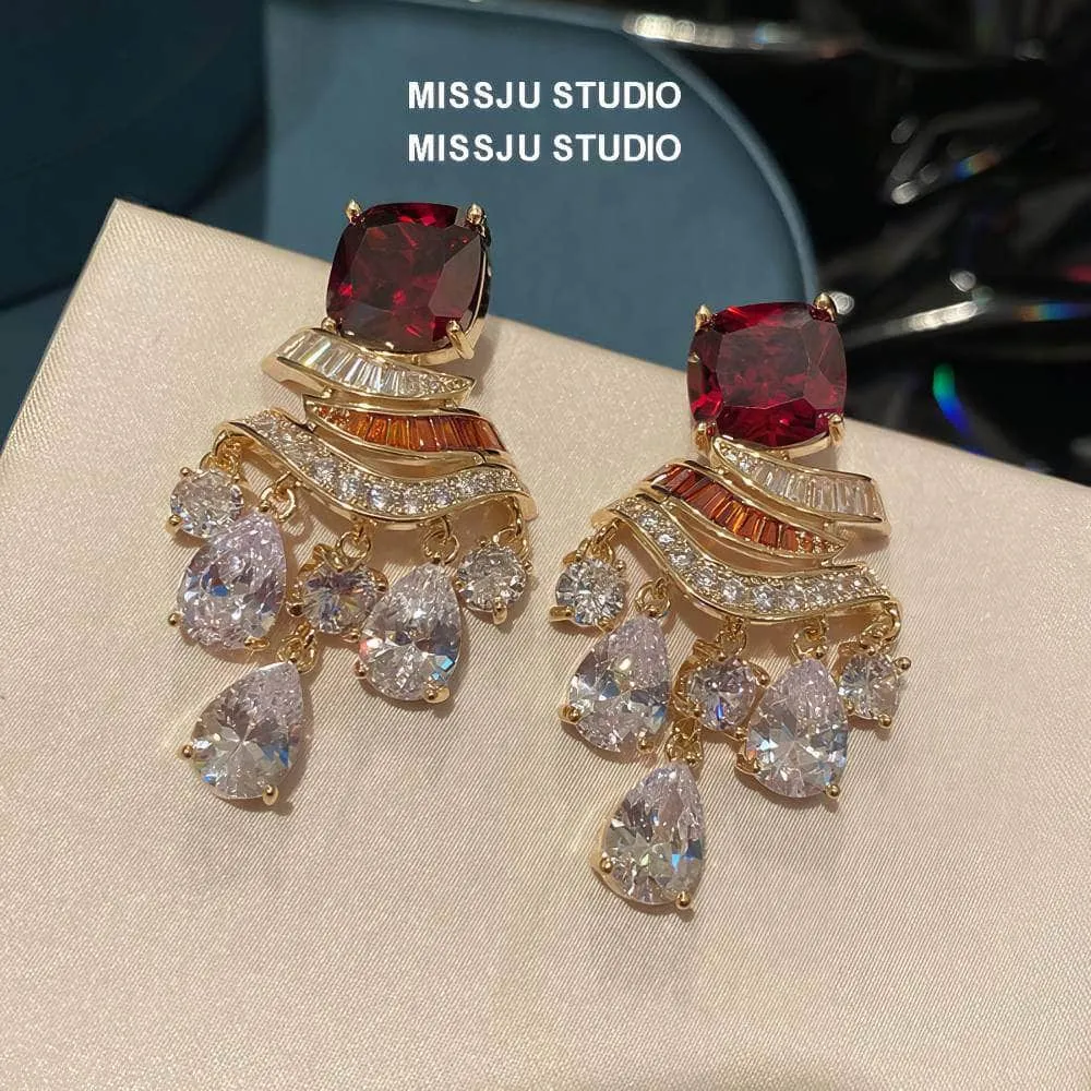 Ruby Gemstone Rhinestone Tassel Dangle Earrings