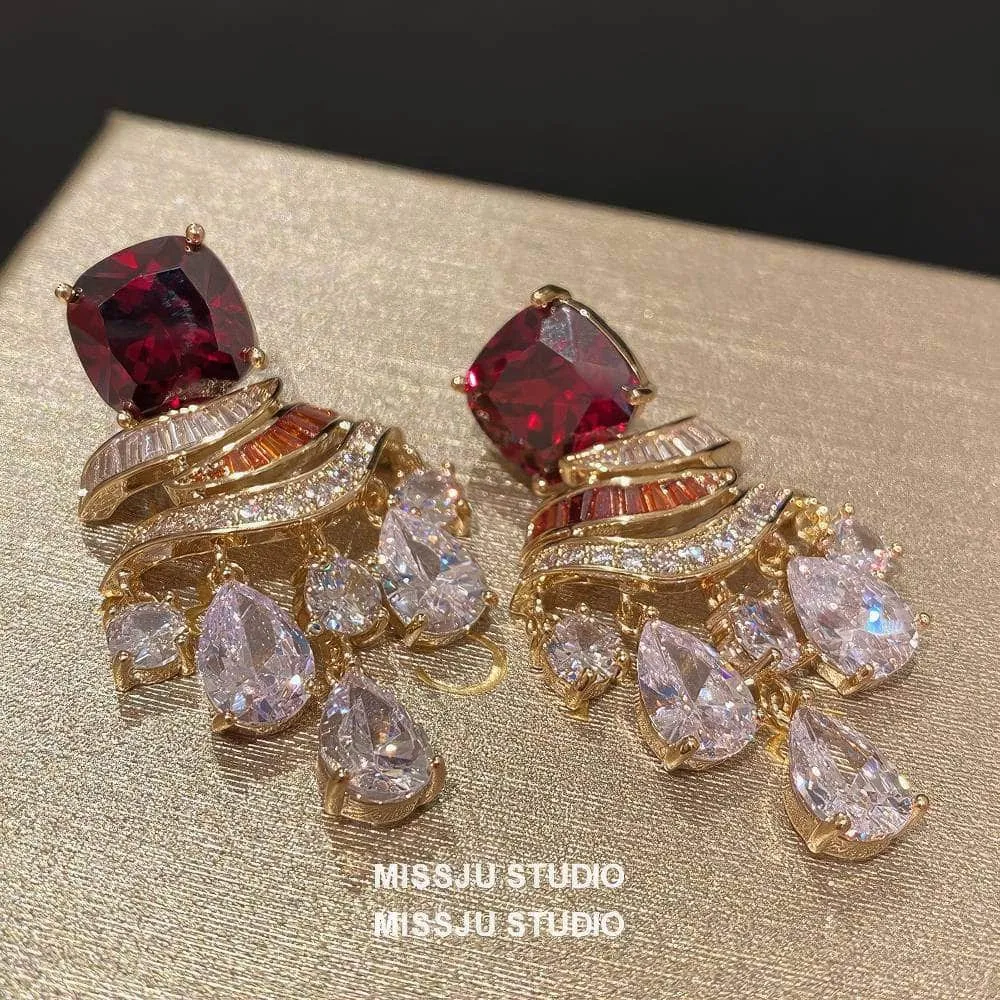 Ruby Gemstone Rhinestone Tassel Dangle Earrings
