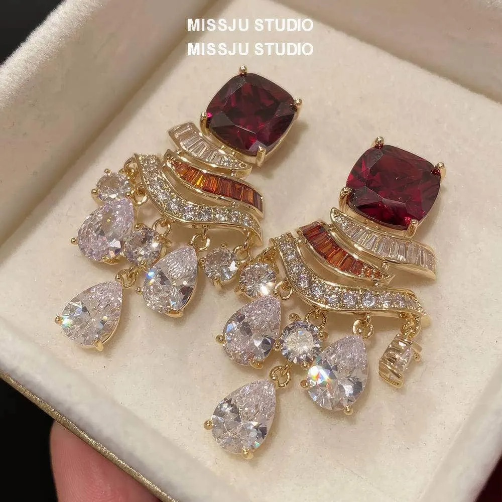 Ruby Gemstone Rhinestone Tassel Dangle Earrings