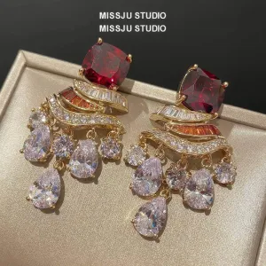 Ruby Gemstone Rhinestone Tassel Dangle Earrings