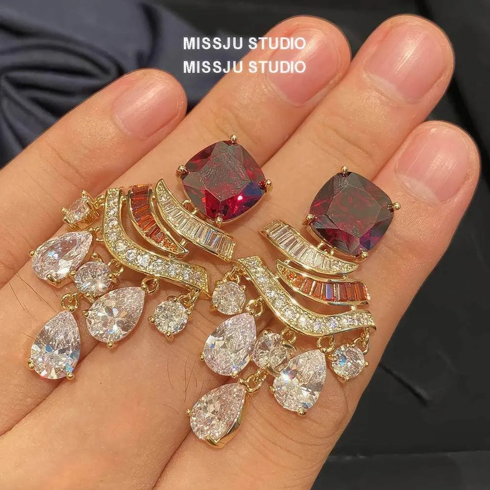 Ruby Gemstone Rhinestone Tassel Dangle Earrings