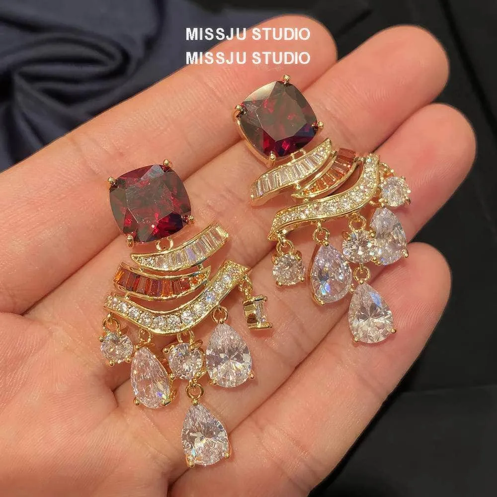 Ruby Gemstone Rhinestone Tassel Dangle Earrings