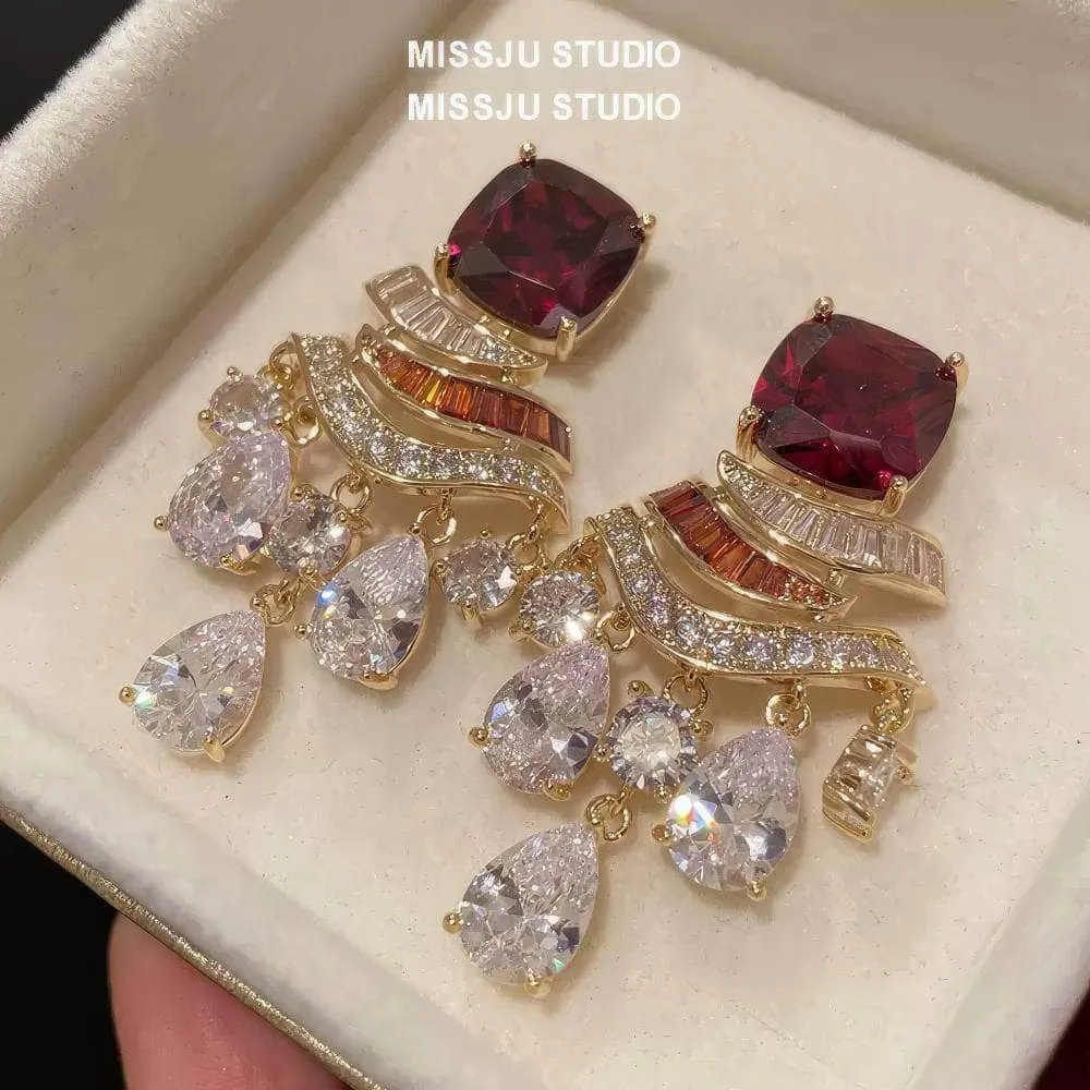 Ruby Gemstone Rhinestone Tassel Dangle Earrings
