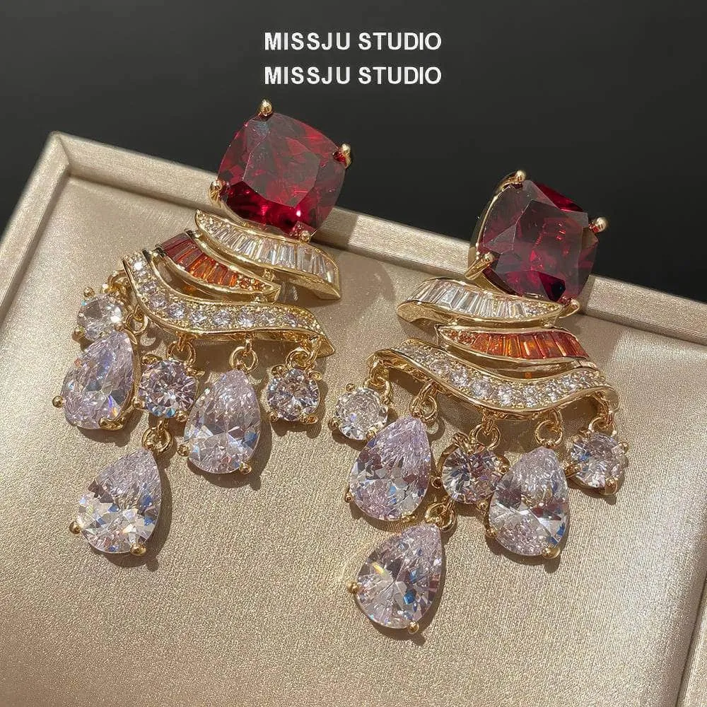 Ruby Gemstone Rhinestone Tassel Dangle Earrings