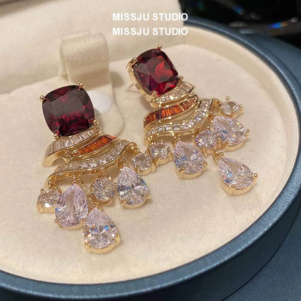 Ruby Gemstone Rhinestone Tassel Dangle Earrings