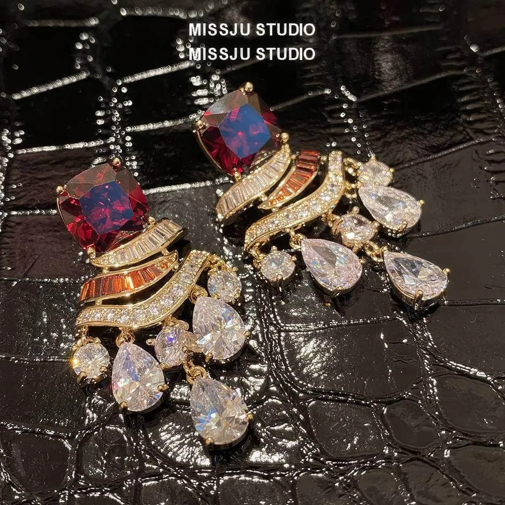Ruby Gemstone Rhinestone Tassel Dangle Earrings