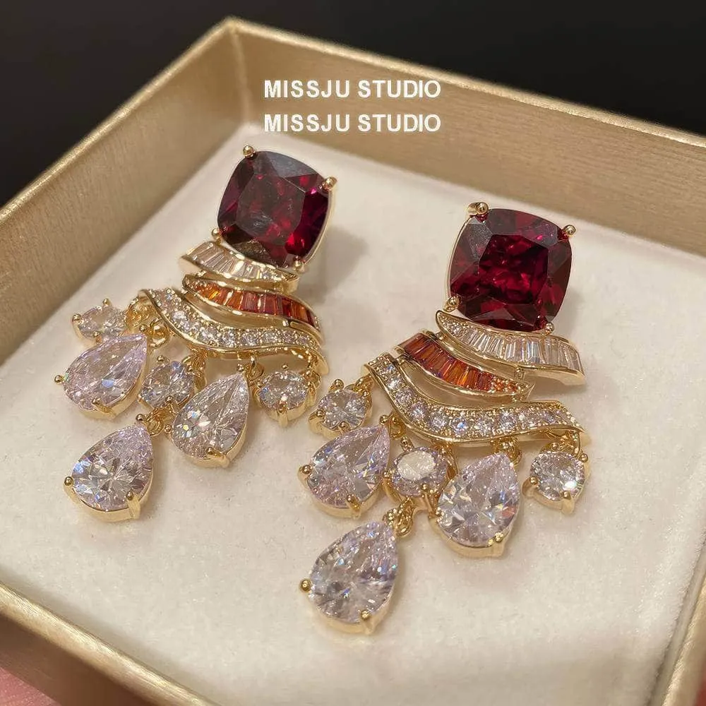 Ruby Gemstone Rhinestone Tassel Dangle Earrings