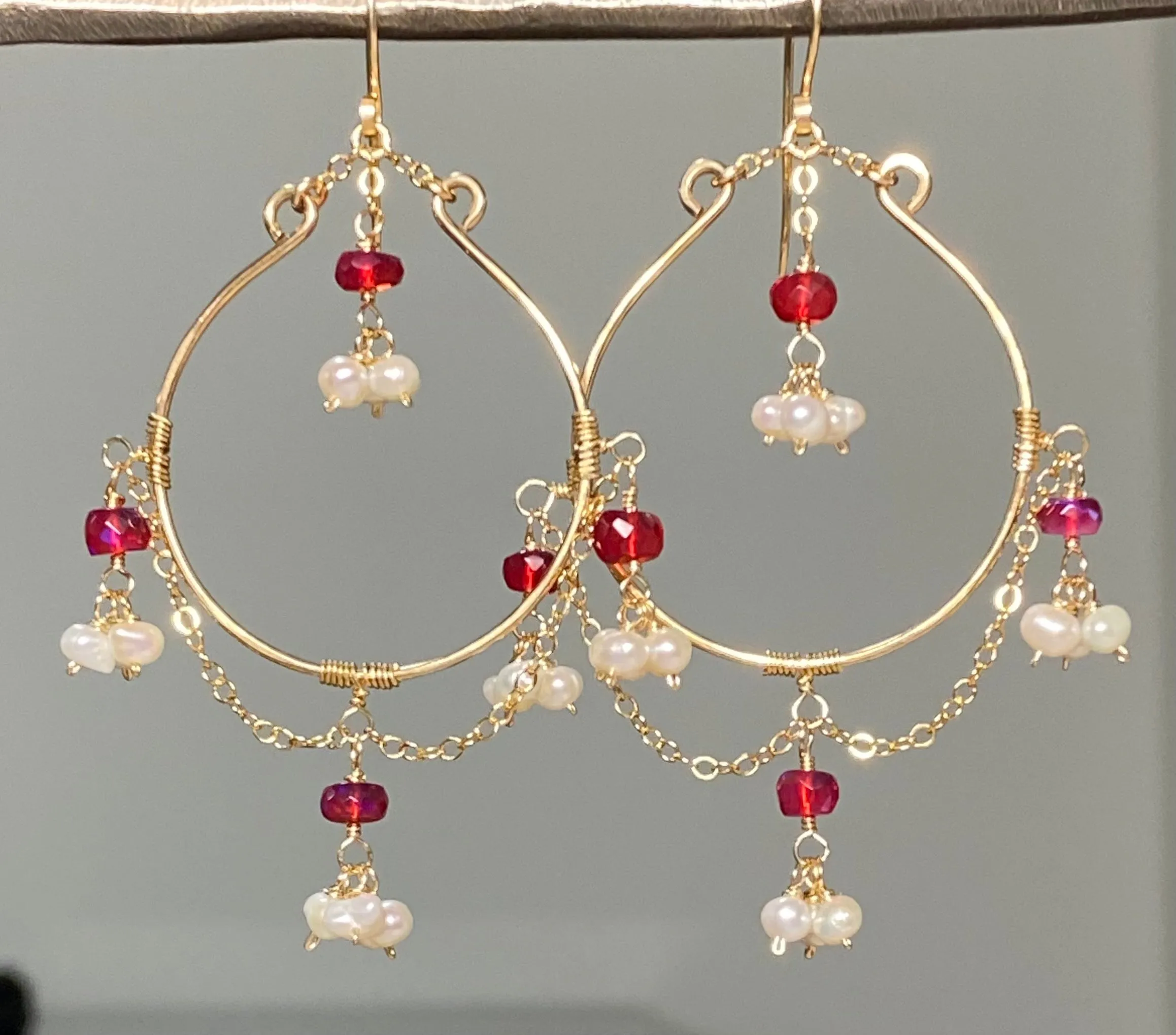 Ruby Red Opal Pearl Gold Fill Hoop Earrings