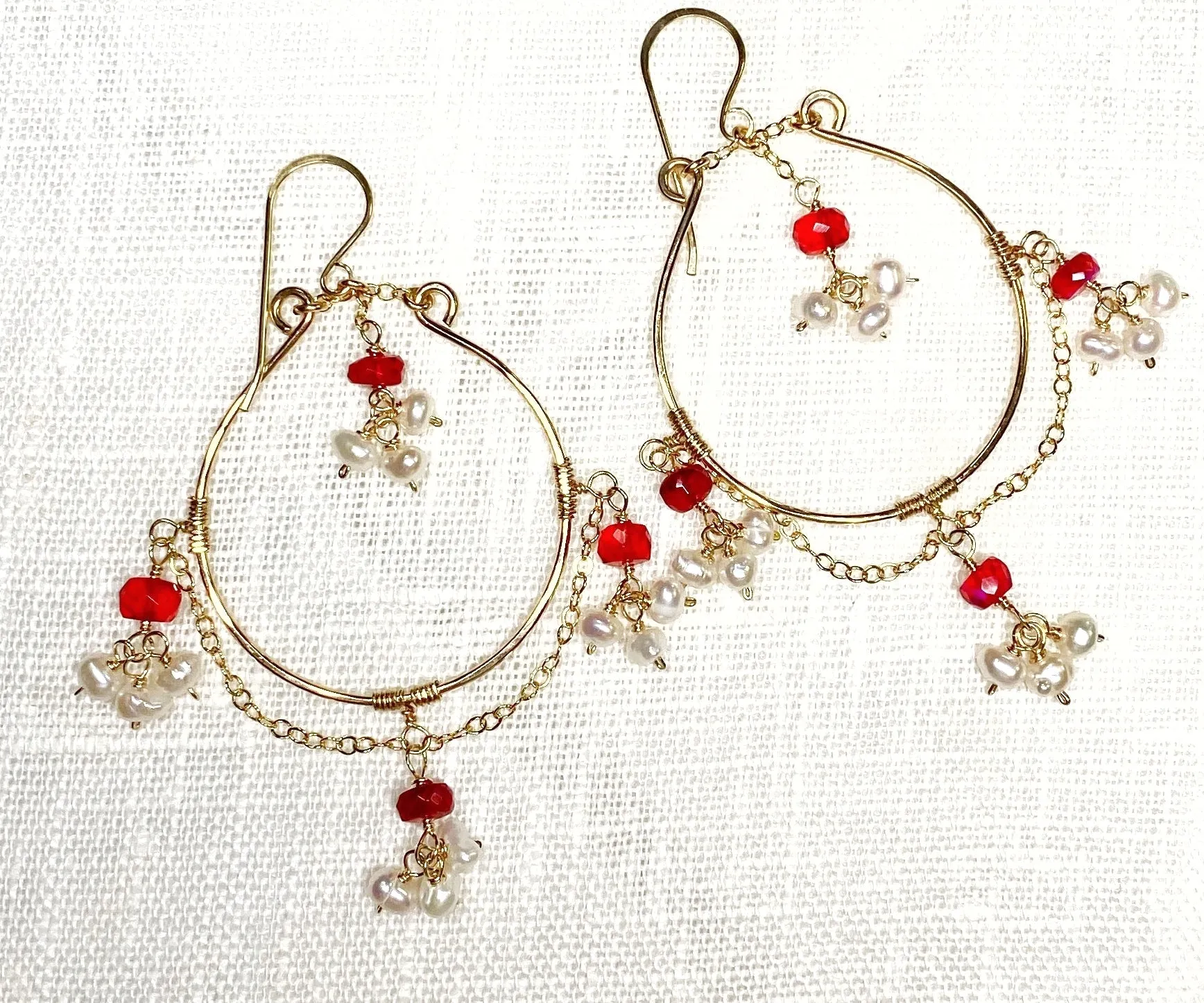 Ruby Red Opal Pearl Gold Fill Hoop Earrings