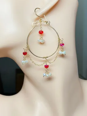 Ruby Red Opal Pearl Gold Fill Hoop Earrings