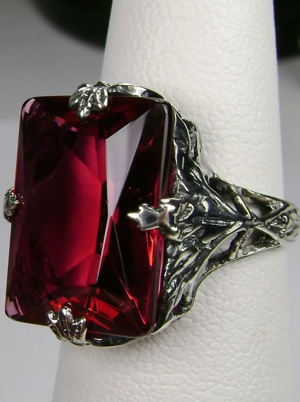 Ruby Ring, Size 6, Art Deco 1930s Leaf and Floral Filigree Jewelry, D15 - Ready to Ship