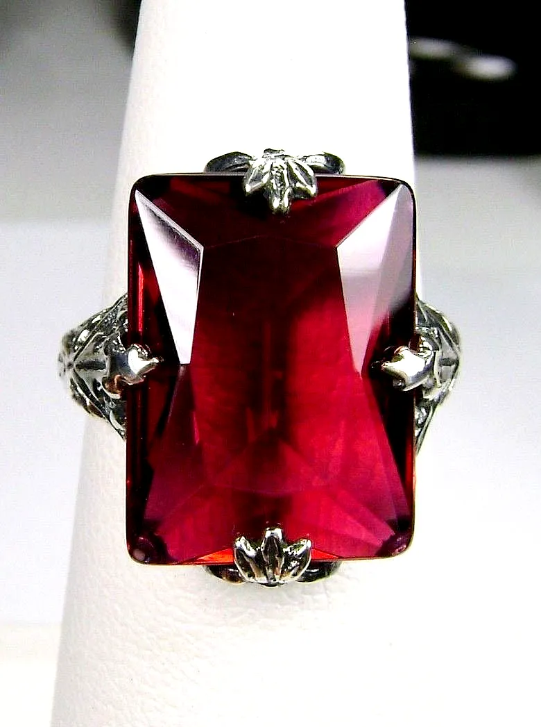 Ruby Ring, Size 6, Art Deco 1930s Leaf and Floral Filigree Jewelry, D15 - Ready to Ship