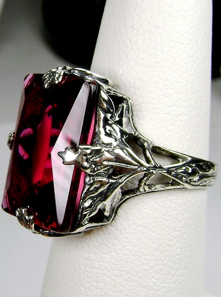 Ruby Ring, Size 6, Art Deco 1930s Leaf and Floral Filigree Jewelry, D15 - Ready to Ship