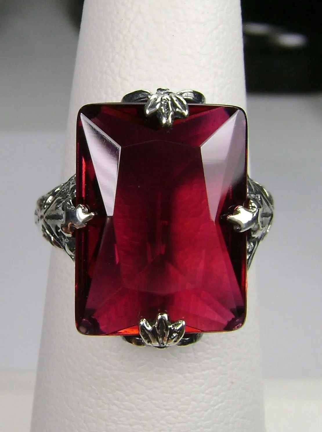 Ruby Ring, Size 6, Art Deco 1930s Leaf and Floral Filigree Jewelry, D15 - Ready to Ship