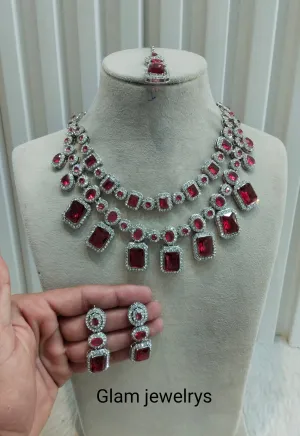 Ruby Silver Zircon Necklace Indian Jewellery Siraj Set