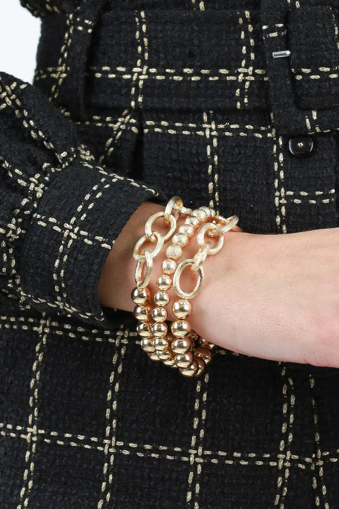 Set of Three Satin Ball and Chain Bracelets -Gold