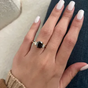 Shadowscape -   Three Stone  Natural Black Diamond Cushion Engagement Ring  in Yellow Gold