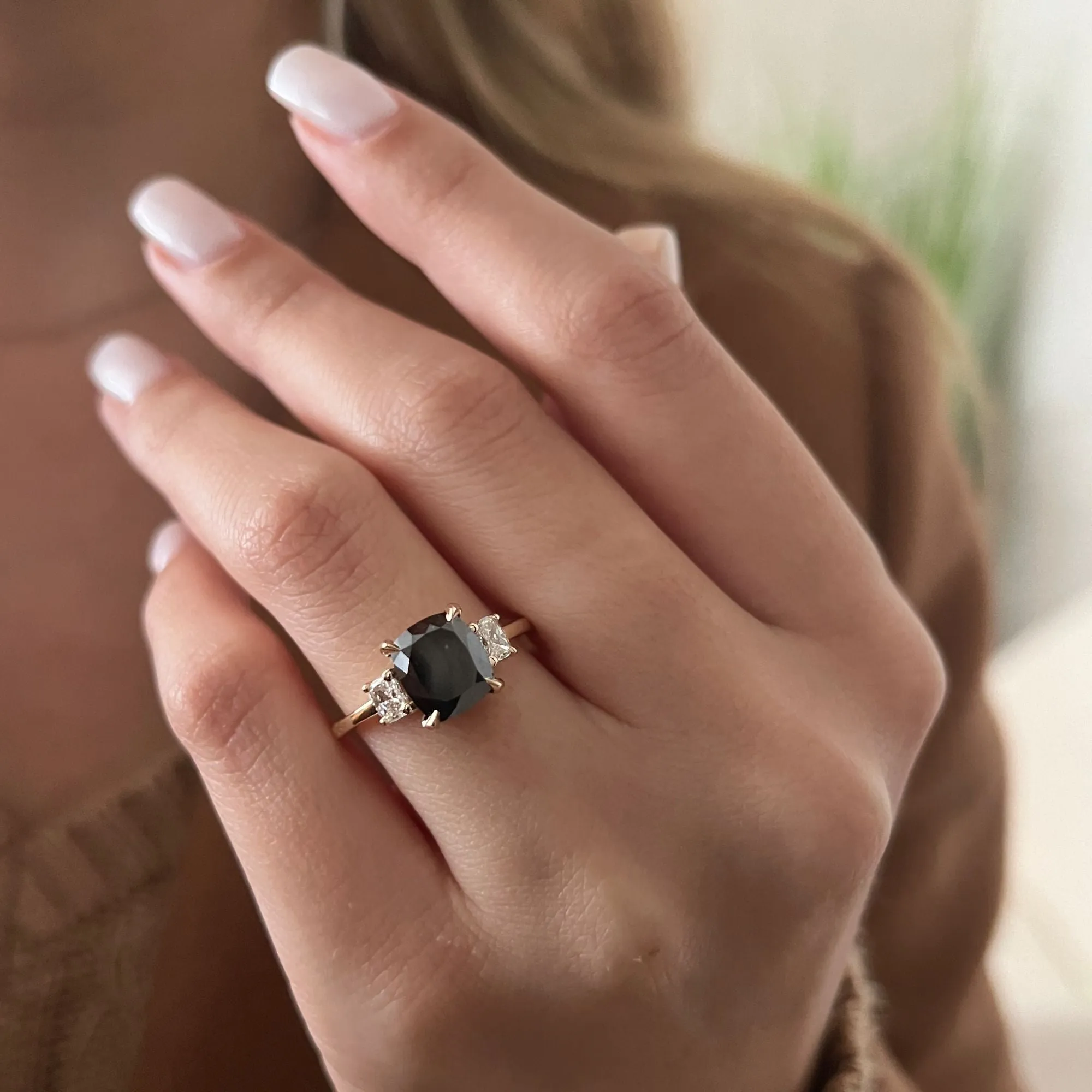 Shadowscape -   Three Stone  Natural Black Diamond Cushion Engagement Ring  in Yellow Gold