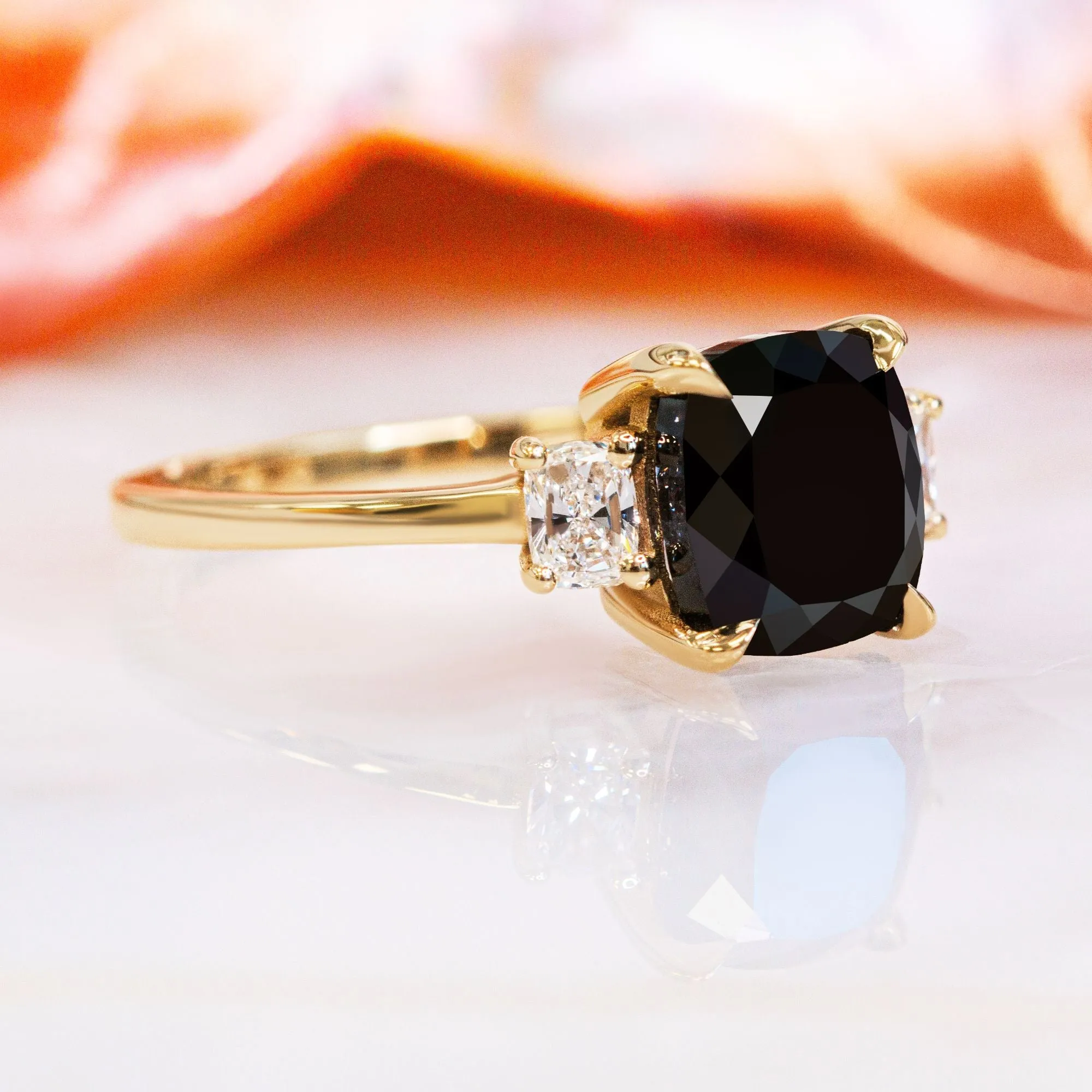 Shadowscape -   Three Stone  Natural Black Diamond Cushion Engagement Ring  in Yellow Gold