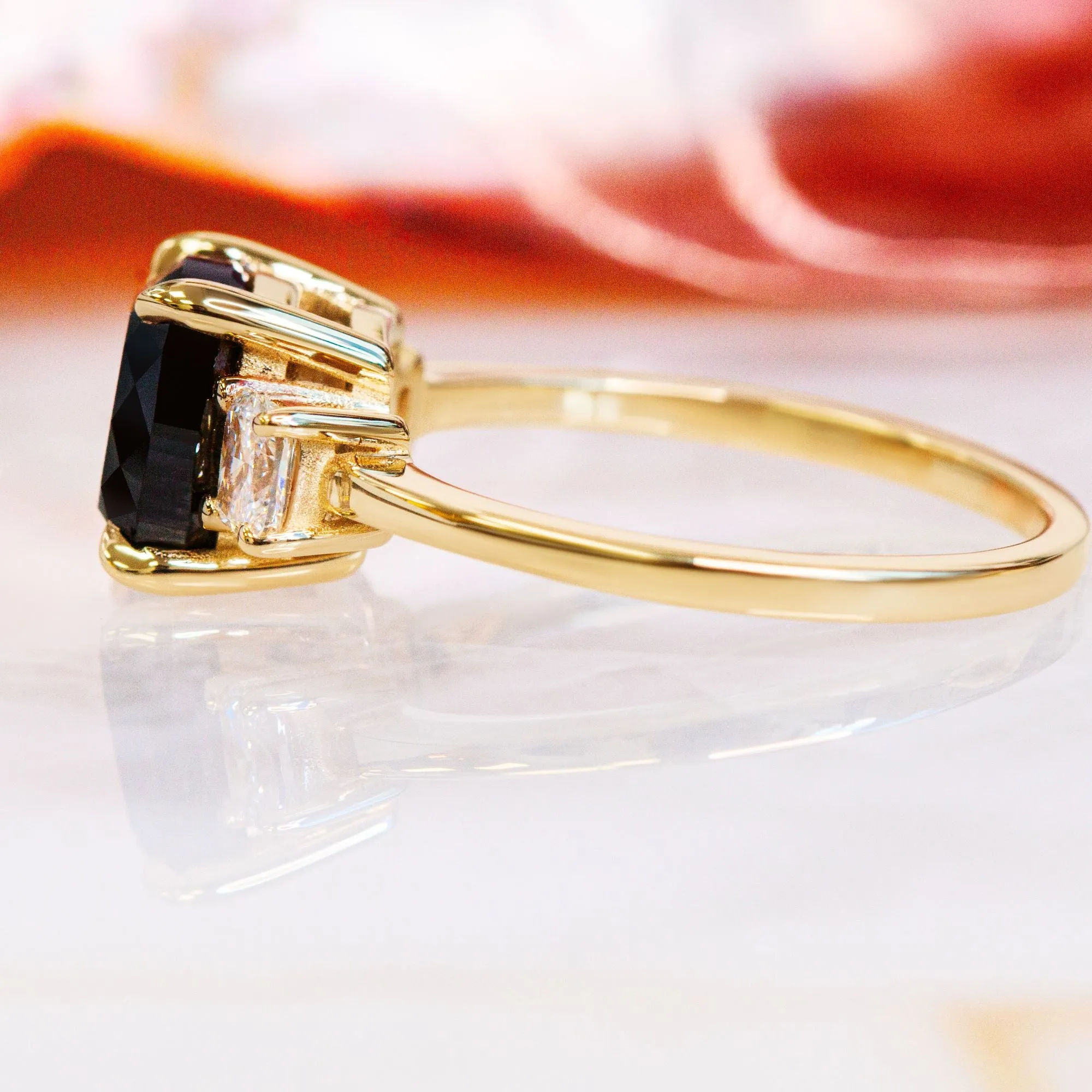 Shadowscape -   Three Stone  Natural Black Diamond Cushion Engagement Ring  in Yellow Gold