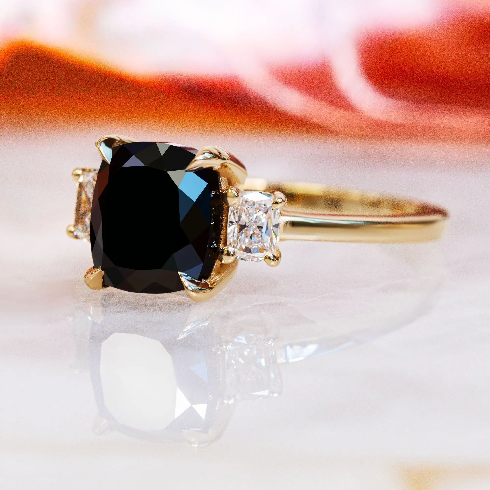 Shadowscape -   Three Stone  Natural Black Diamond Cushion Engagement Ring  in Yellow Gold