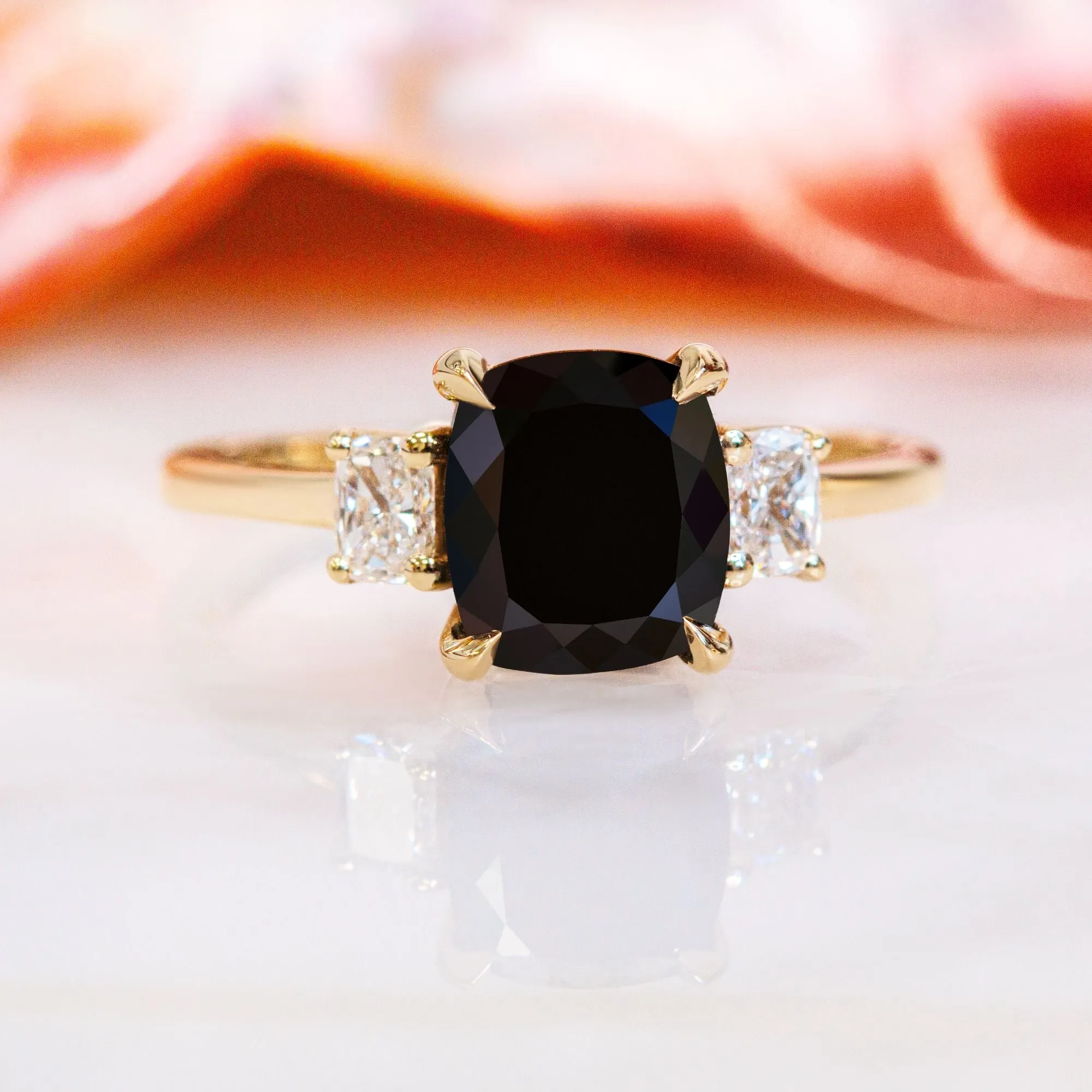 Shadowscape -   Three Stone  Natural Black Diamond Cushion Engagement Ring  in Yellow Gold
